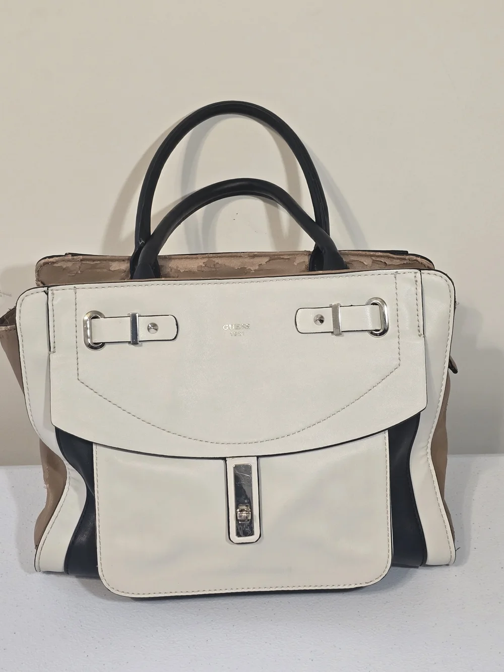 Guess White and Black Faux Leather Satchel Handbag
